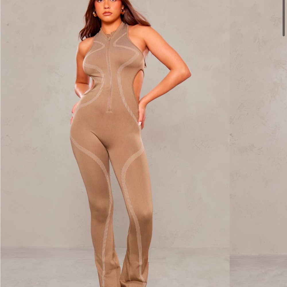 PrettyLittleThing Tan Halter Neck Jumpsuit